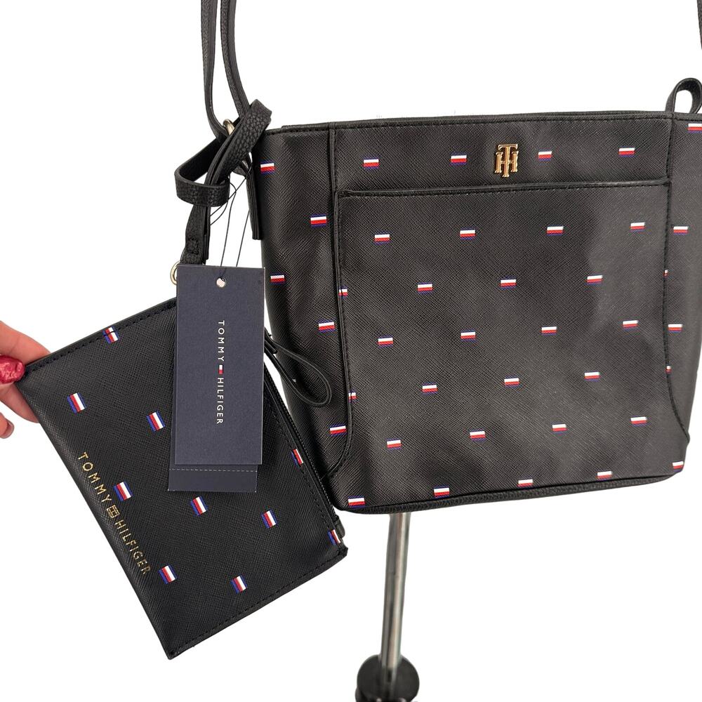 Tommy Hilfiger Women's BLACK Faux Leather Logo Crossbody Purse with Pouch NWT